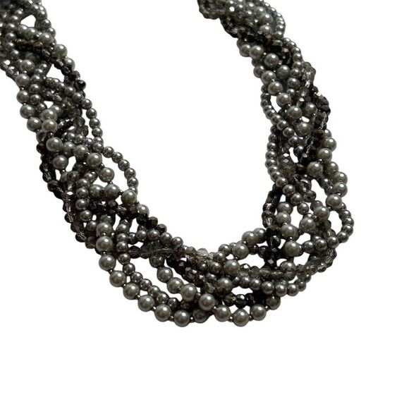 Loft Multi-Strand Gunmetal Tone Necklace Simulated Pearls Rhinestones - Picture 2 of 13